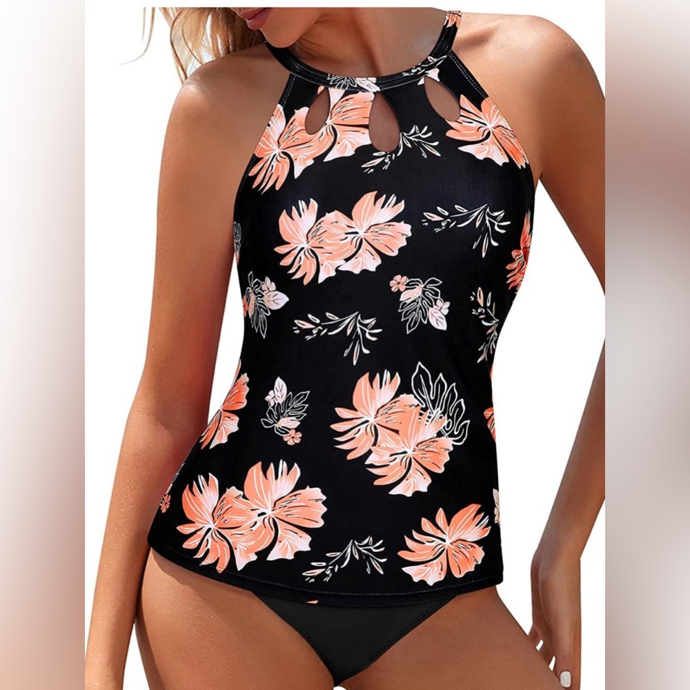 NWT Yonique Women’s Floral Swim Tankini high neck cut out Top, Size LG, NWT